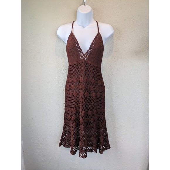 Dresses & Skirts - Boho Crochet Babydoll Dress Halter SMALL brown Lined Fit Flare Stretch Milkmaid